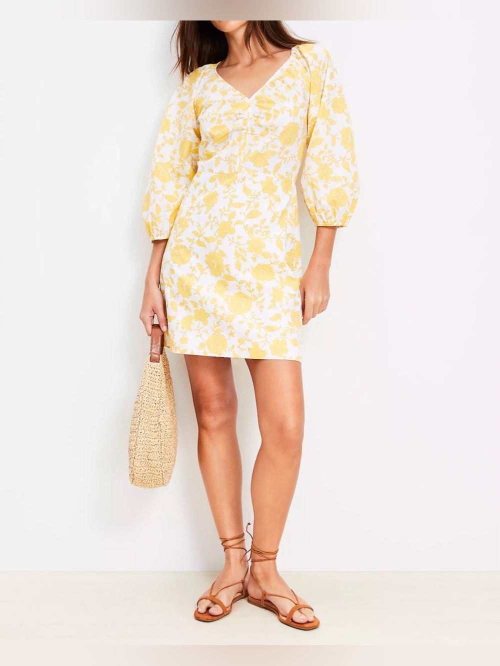 LOFT Soft Lemon Floral Poplin Shirred Mini Dress Size 8 NWOT Cotton